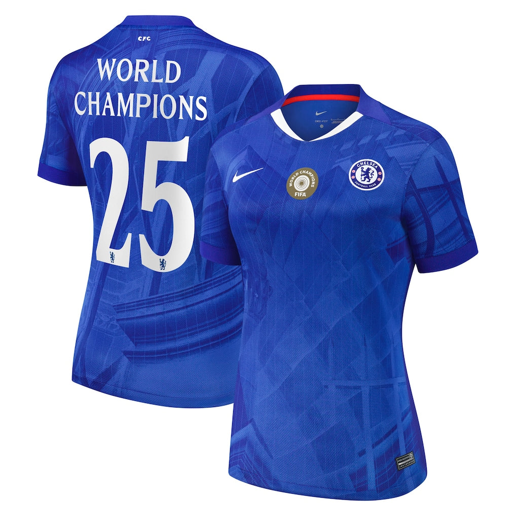 Maillot de football domicile féminin Chelsea Cup 2025-26 avec badge World Champions 25 sur la poitrine