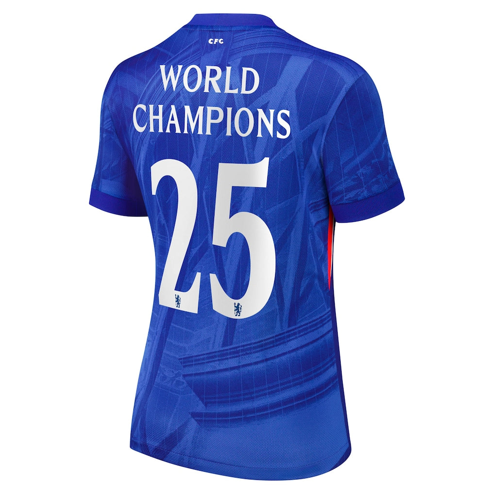 Maillot de football domicile féminin Chelsea Cup 2025-26 avec badge World Champions 25 sur la poitrine