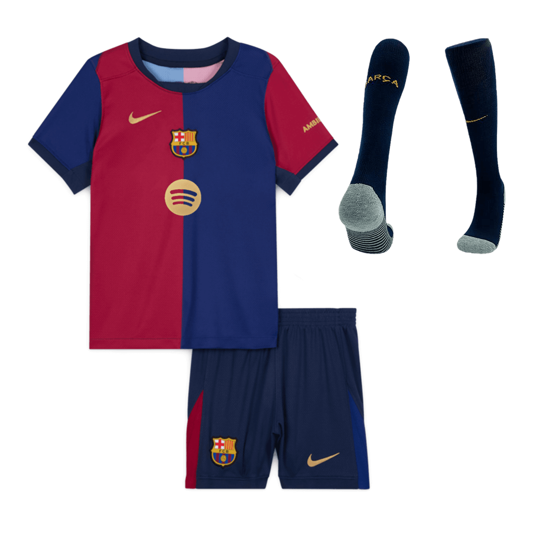 Kid's Barcelona Home Soccer Jersey Kit(Jersey+Shorts+Socks) 2024/25-Spotify Logo Without Text footmaillots.fr