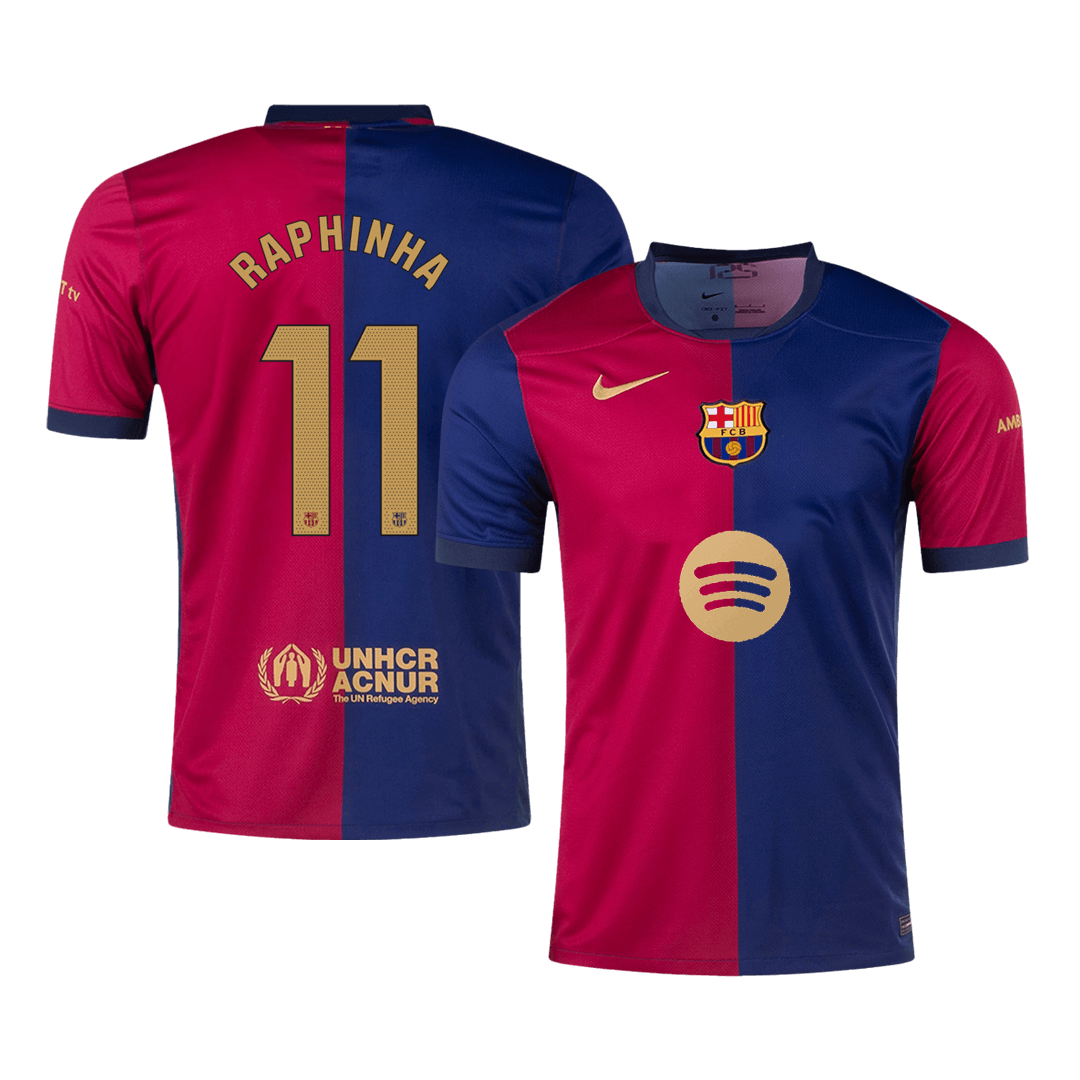 RAPHINHA #11 Barcelona Home Soccer Jersey 2024/25 -?Spotify Logo Without Text? footmaillots.fr