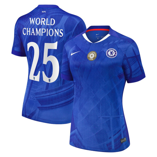 Maillot de football domicile féminin Chelsea Cup 2025-26 avec badge World Champions 25 sur la poitrine