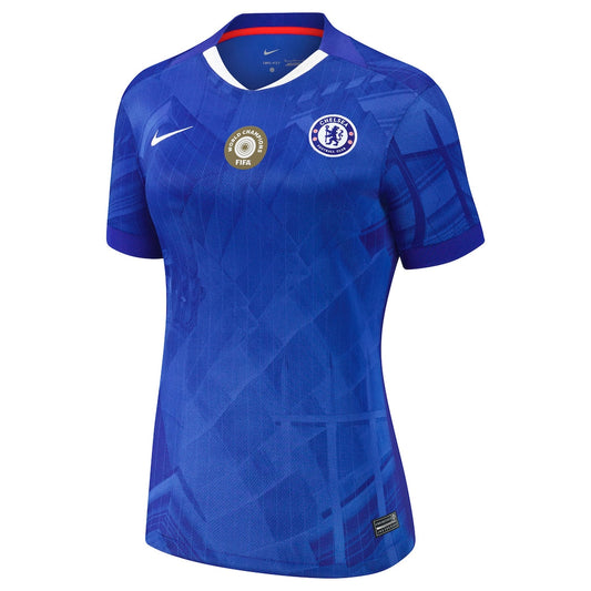Maillot de football domicile féminin Chelsea Cup 2025-26 avec badge World Champions 25 sur la poitrine